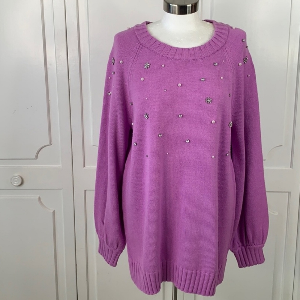 KARL LAGERFELD NWT LAVENDER WOMENS JEWELED PEARL ROUND NECK SWEATER SIZE LARGE
